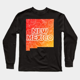 Colorful mandala art map of New Mexico with text in red and orange Long Sleeve T-Shirt